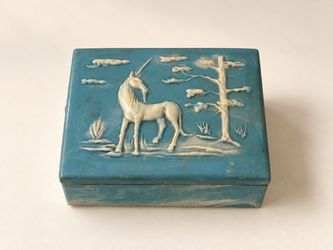 Vintage Teal Ceramic Unicorn Music Box Trinket Keepsake Box