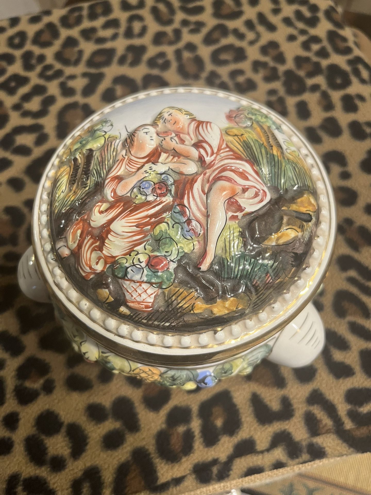 Vintage Capodimonte Italy Footed Covered Bowl With Women Looking At Flowers