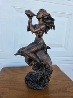 Bronze-Finish Mermaid with Dolphin Figurine