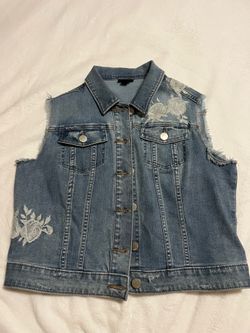 Denim Sleeveless Jean Jacket with White Floral Embroidery Size L