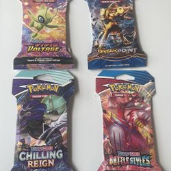 Lot Four - 4 Pokémon TCG packs!  2021 Pokemon TCG Chilling Reign, Battle Styles, Vivid Voltage, XY BreakPoint Sleeved 10 card booster pack