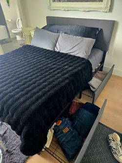 Gray Upholstered Bed Frame with Storage