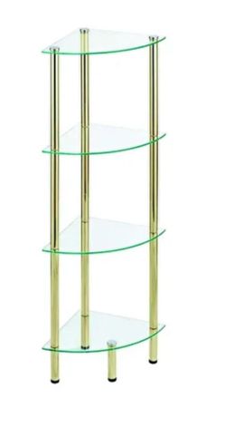 Gold-colored corner storage unit with four glass shelves