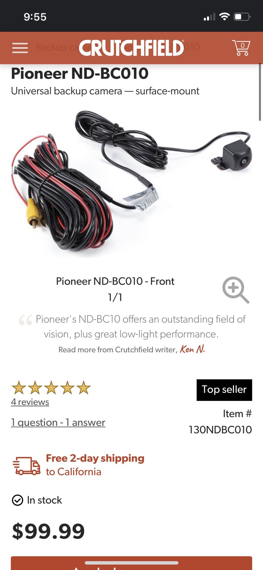 Pioneer ND-BC010 Back Up Camera
