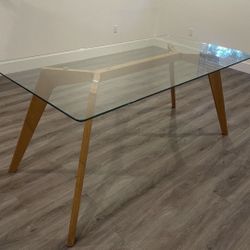 Mid Century Modern Glass 36” x 71” Dining Table Desk Tapered Wood Legs
