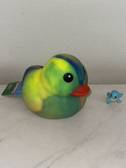 New Squeezy Duck Stress Toy Green Yellow Tie Dye Sunny Days