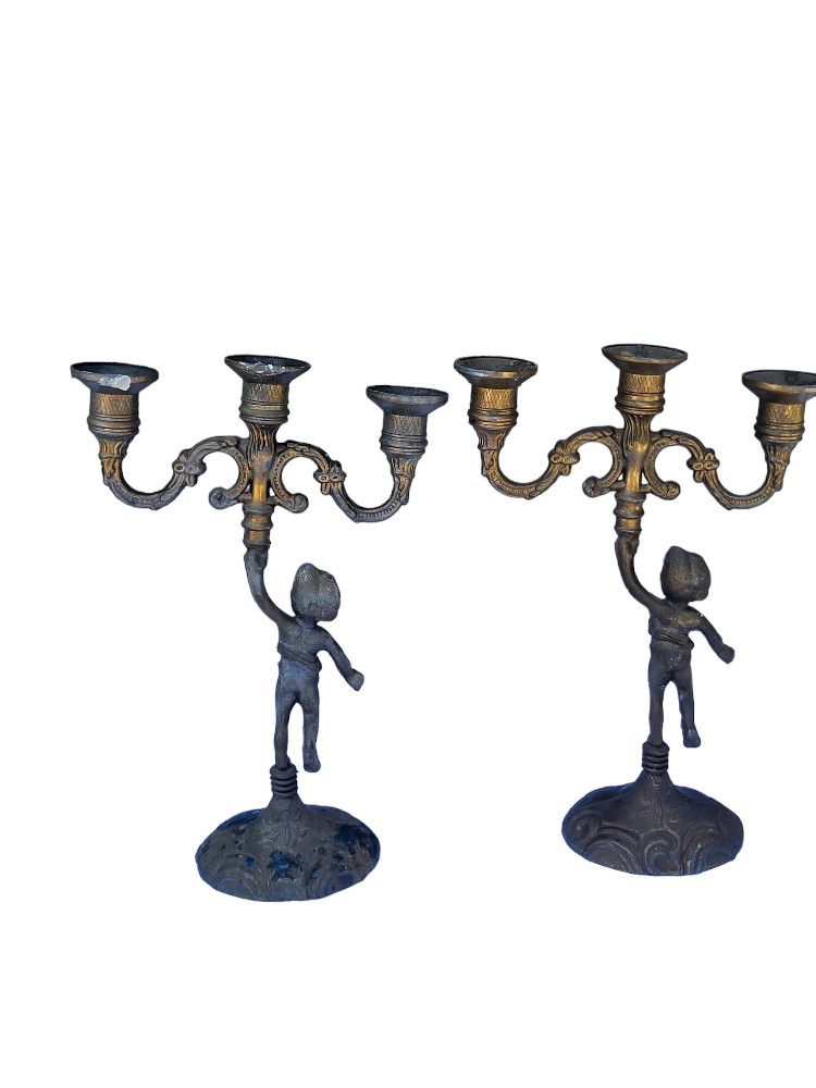 Pairs Vintage metal candlesticks 3 branches, candelabra, vintage metal candlestick, candlestick candlestick, Mid Centuy, 1950
