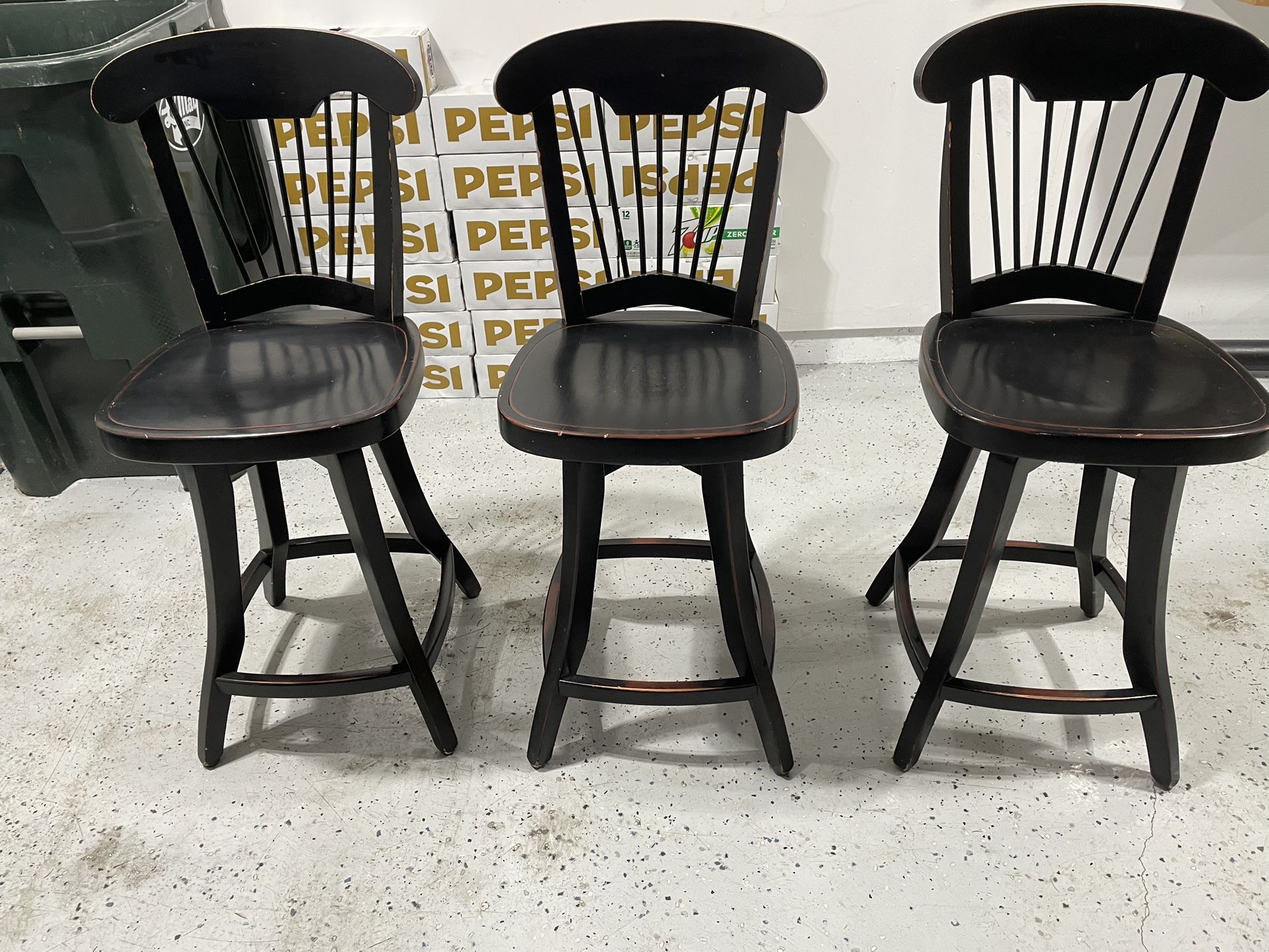 Set Of 3 Black Wooden Bar Stools