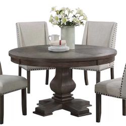 54” Round Dining Table With 4 Beige Chairs