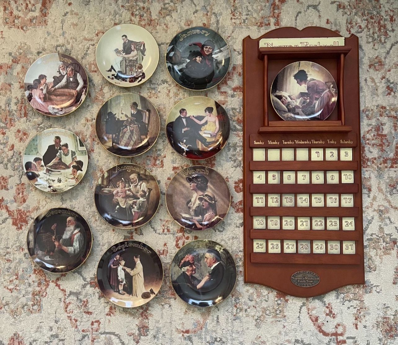 RARE Norman Rockwell American Mid-Century Porcelain Plate and Tile Wooden Wall Calendar