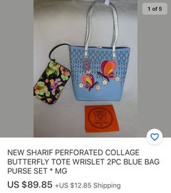 Genuine Leather Manmade - SHARIF BUTTERFLY TOTE HAND MAG + WRISTLET ** Brand New ** BLUE