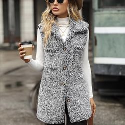 Womens Fuzzy Fleece Vest Lapel Button Down Sleeveless Mid Long Sherpa Vest Jacket Size M