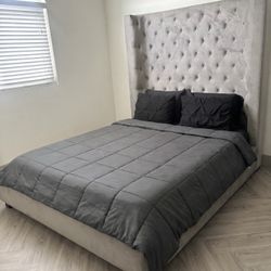 6 Ft Tall Tufted Gray Velvet Queen Bed Frame — Must Reassemble One Side Rail