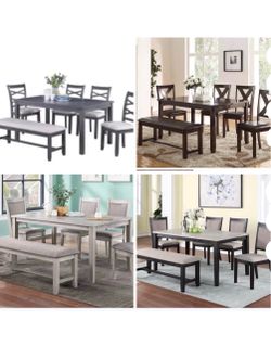 Dining table set with chairs and bench