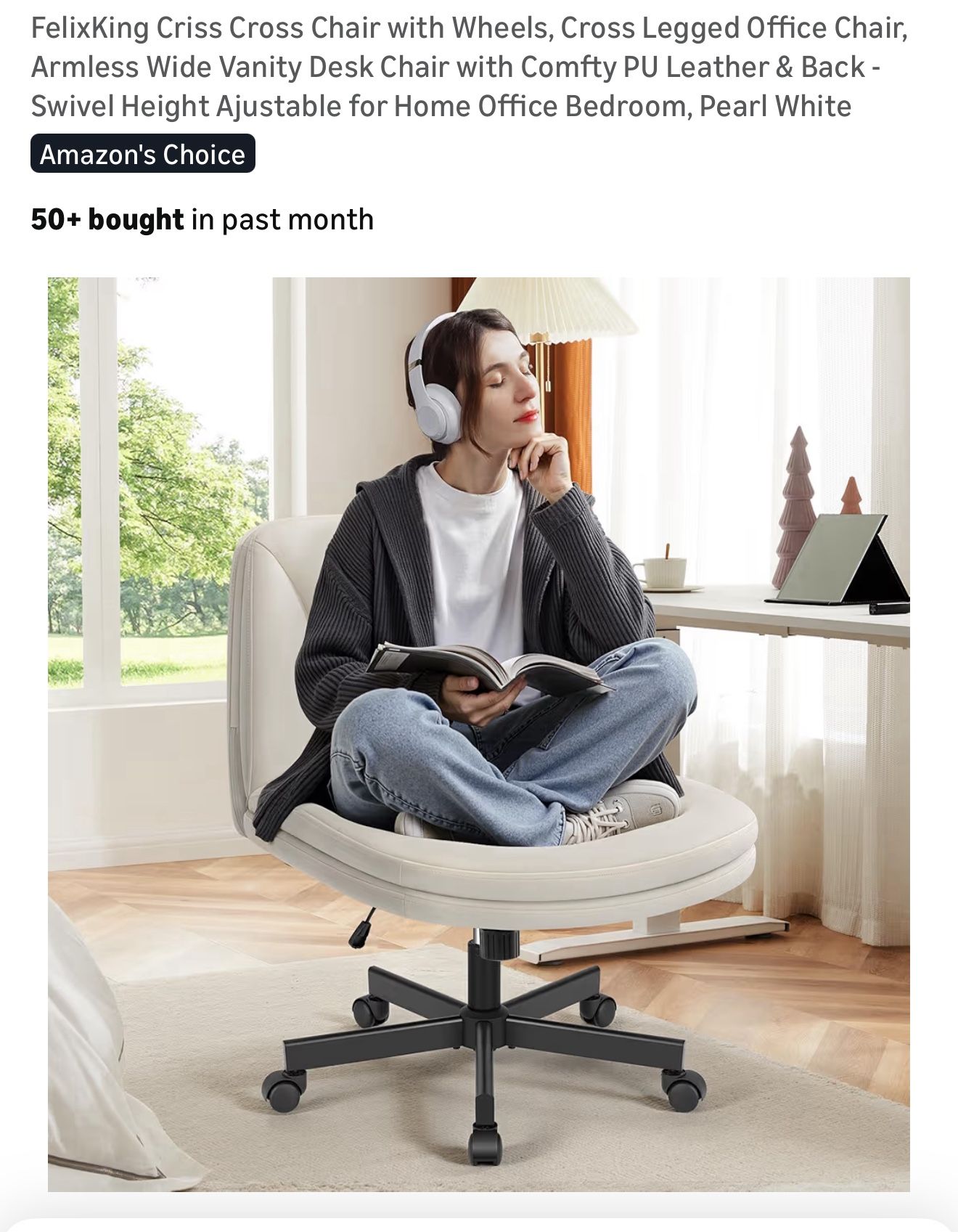 FelixKing Criss Cross Chair with Wheels, Cross Legged Office Chair, Armless Wide Vanity Desk Chair with Comfty PU Leather & Back - Swivel Height Ajust