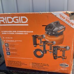 RIDGID 6 Gal. Portable Electric Pancake Air Compressor w/ 18GA Brad Nailer, 16GA Straight Finish Nailer, & 18GA Finish Stapler