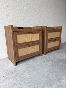 Walnut Oak Nightstands — Rattan End Tables — Organic Modern — Brand New! 🤎