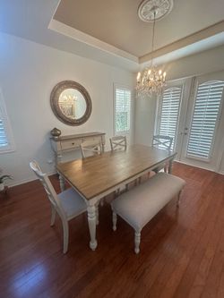 Farmhouse Dining Set w/ Leaf, Bench & Matching Sideboard – Seats 6-8