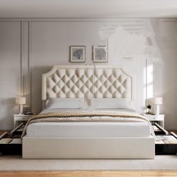 Full Size White Bed Frame with Adjustable Headboard, 4 Storage Drawers, Velvet Upholstered Bed Frame with Button Tufted