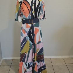 Brand New Colorful abstract Print Maxi Shirt Dress With Belt