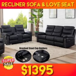Recliner Leather Sofa And Love Seat 2pc - Delivery And Financing Available