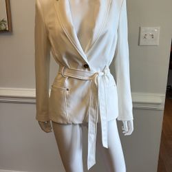 Cache White Belted Blazer with Classic Lapel