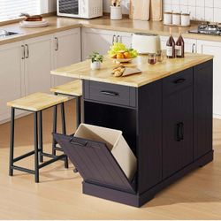 Kitchen Islands Include 2 Chairs, 47"  with Drop Leaf, with Spice Rack & Trash Cabinet, black W-15