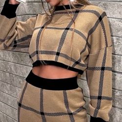 NWT, Lavishly Paris Women’s Designer Plaid Knit Sweater and Skirt Set.