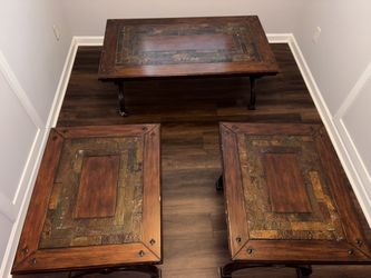3-Piece Rustic Wood & Slate Coffee Table Set