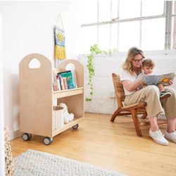 Kids Mobile Book Cart with Countdown Timer, Classroom Bookshelf, Natural
