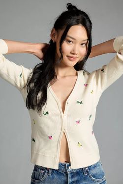 Favorite Daughter Floral Embroidered Ribbed Cardigan - Cream/Ivory, Size L