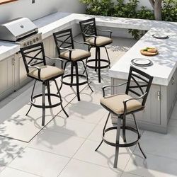 New Pellebant Outdoor Patio Swivel Bar Stools with Beige Cushions Set of 4