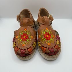 Leather Floral Embroidered Huarache Sandals