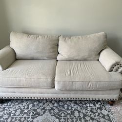 Farmhouse Beige Linen-like Loveseat with Rolled Arm and Nailhead Trim, Couch for Living Room