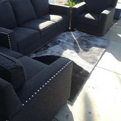 Brand New Charcoal Grey Linen Sofa Loveseat & Chair With A Nail Studded Trim