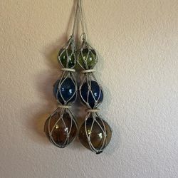 GLASS FISHING FLOATS with Macrame 22" Long Green/Blue/Amber Glass Balls