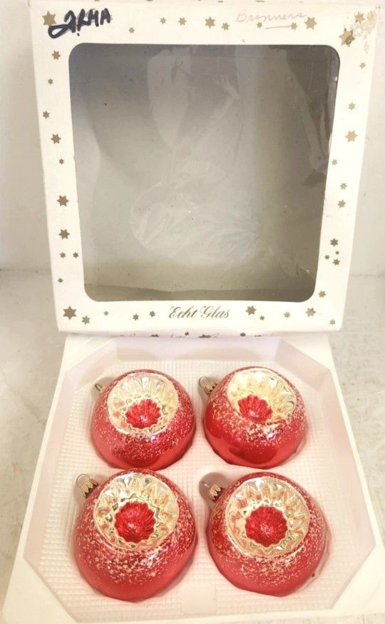 4 Vintage Indented Starburst Thuringia Germany Glass Christmas Ornament 3” Nice and Hard To Find