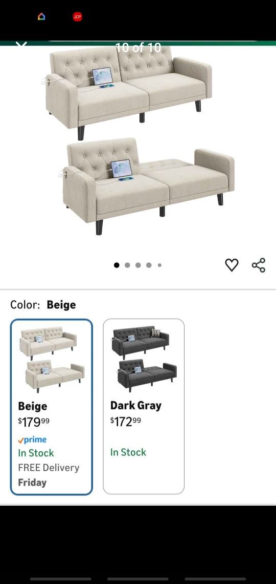 63" Convertible Couch Small Futon Sofa Bed with 2 USB Ports, Reclining Backrest & Removable Armrests