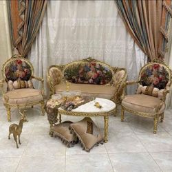  This is an amazing set with 4 pieces. Sofa, 2 chairs, and a marble coffee table. The pieces are hand carved with beautiful designs.  If you like this