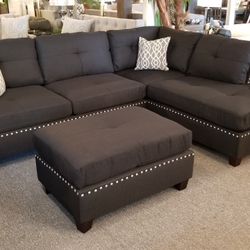 Brand New 104" x 75" Black Linen Reversible Sectional + Ottoman