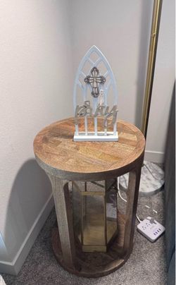 Wooden side table with gold lantern