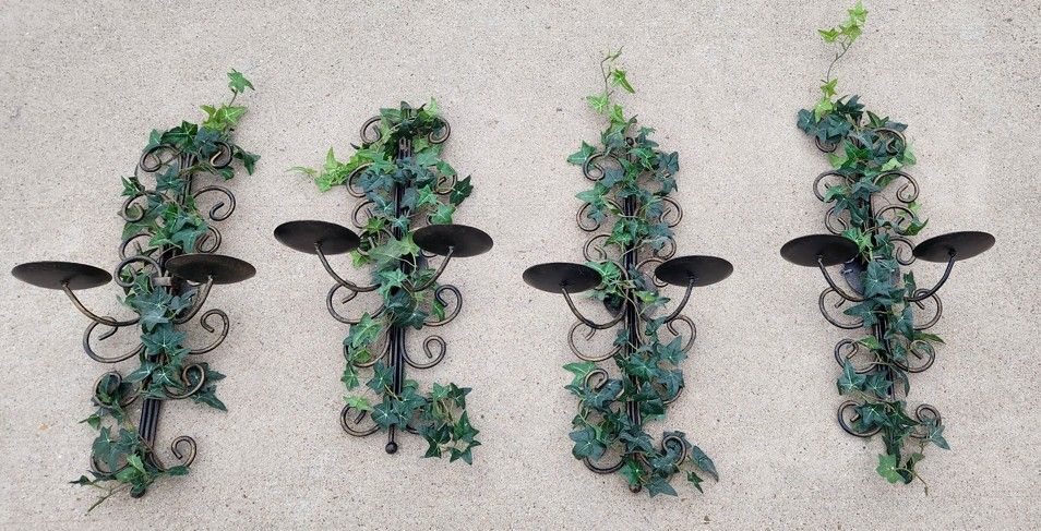 Home Decor: Set of 4: Candleholders with Green Ivy Topiary