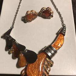 NECKLACE EARRINGS SET AMBER SILVER