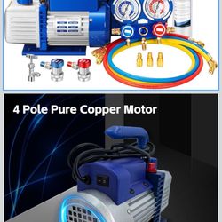 AC Vacuum Pump and Gauge Set, 1/4 HP 3.5 CFM Vacuum Pump Manifold Gauge Kit with 3 Hoses Adapters & Accessories for R134a R12 R22 R502, A/C Vacuum Pum