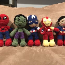 Amigurumi superhero $45 each: Spiderman, Hulk, Captain America, Iron Man, Superman