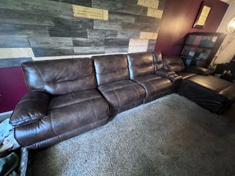For Sale: Spacious Brown Leather Sectional Sofa with Recliners & Chaise – Great Condition! $350