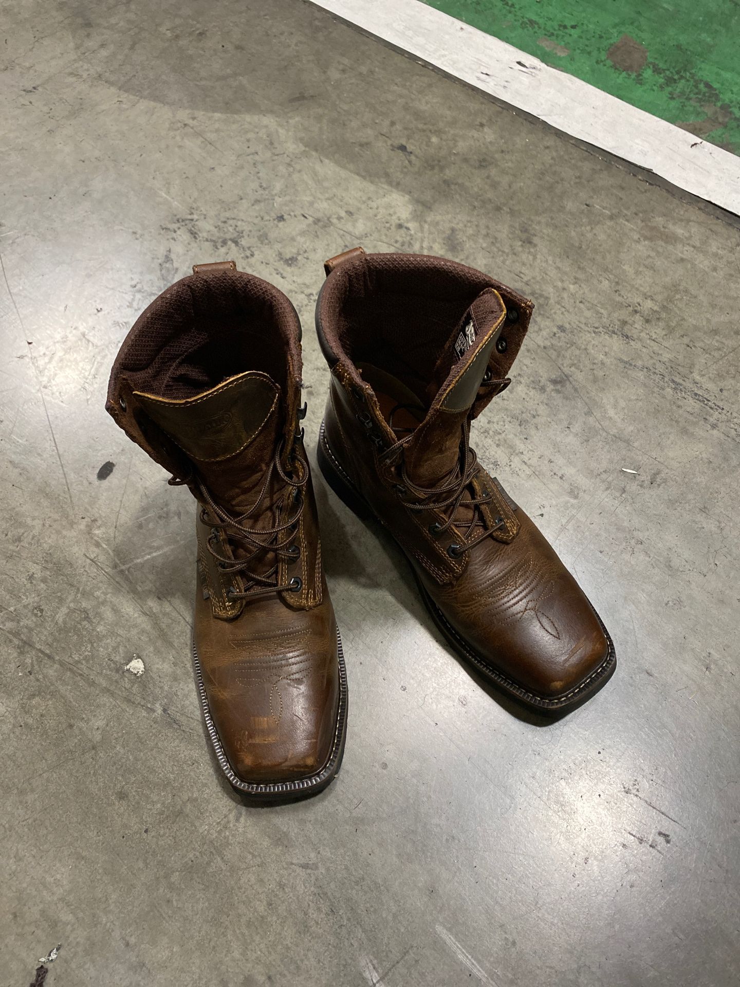 Steel toe square toe work boots.