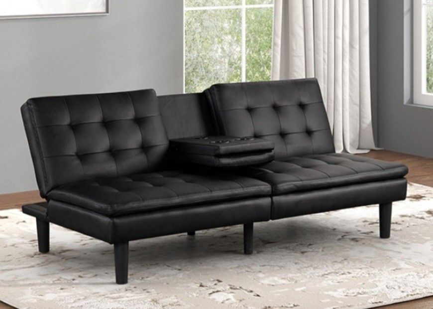 Brand New Black Leather Futon Sofa Sleeper 