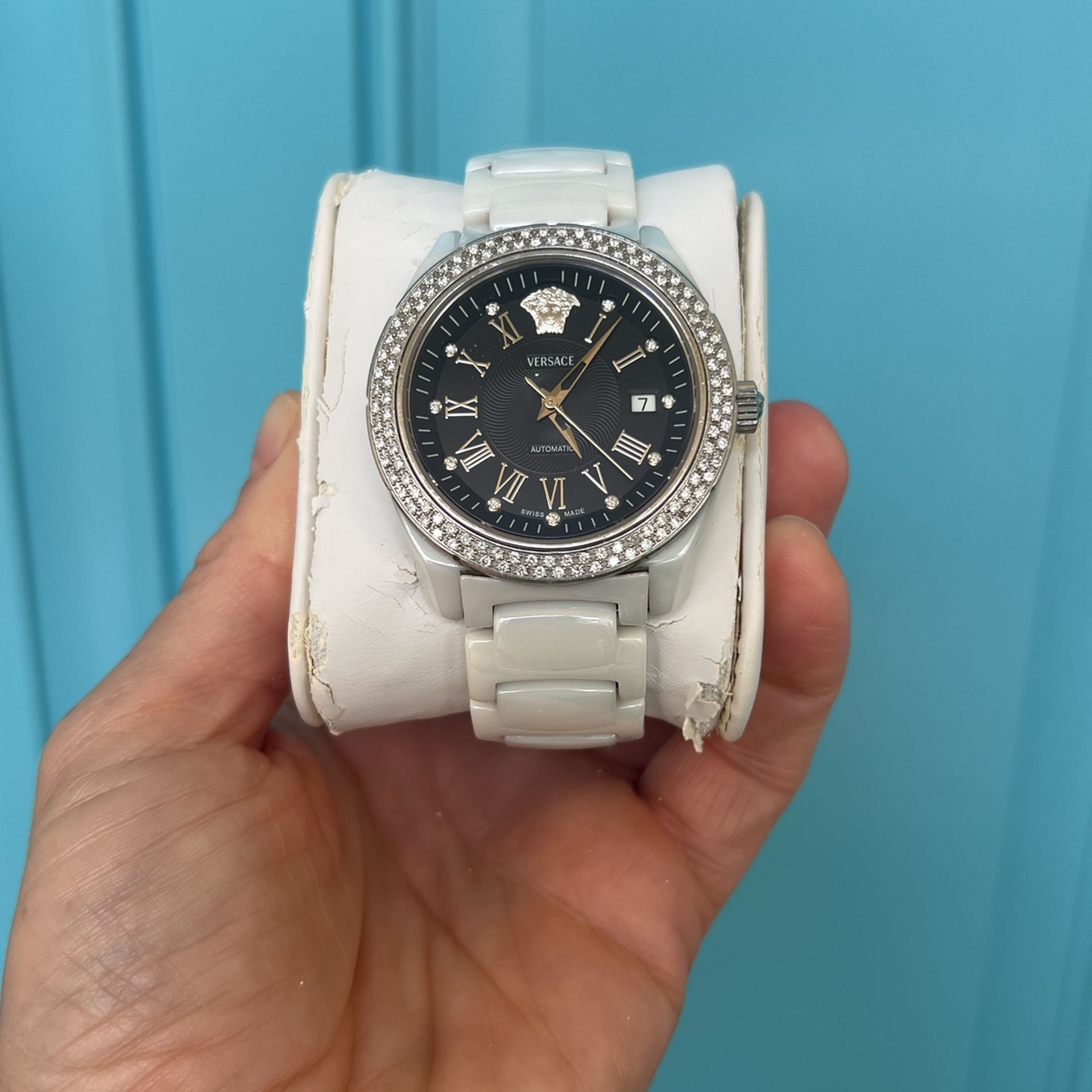 Versace White ceramic oversized Watch With Sapphire Face And Diamond Bezel