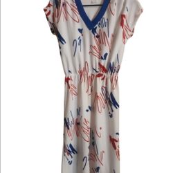 Vintage Terry Cloth Abstract Dress White Red Blue V-neck 1979s/1980s *RARE*